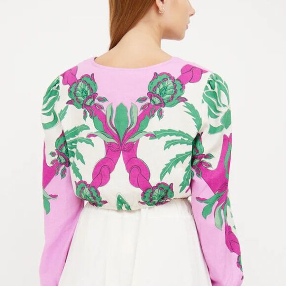 Caroline Constas Twist Front Crop Top & Midi Skirt SET L Linen Blend Floral NEW - Picture 4 of 14